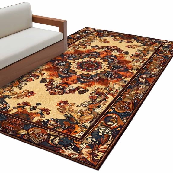 Bohemia Orange Flower Washable Area Rug 2.7 x 5 ft Vintage Boho Ethnic Farmhouse Floral Pattern , Soft Non Slip Rugs Stain Repellent Indoor Felt Carpet for Living Dining Room Bedroom Home Office