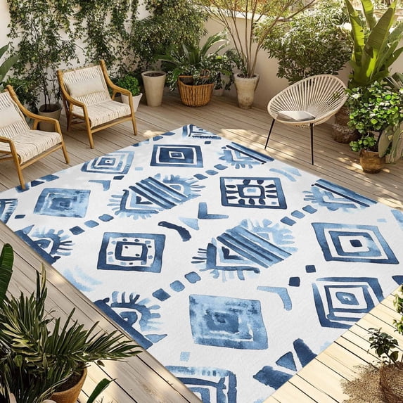 Bohemia Outdoor Rug, Blue Argyle Abstract Geometric Texture Ethnic ...