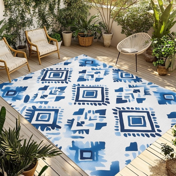 Bohemia Outdoor Rug, Blue Argyle Ethnic Style Retro Abstract Pattern ...