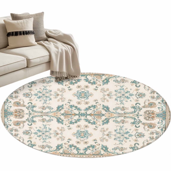 Bohemia Pattern Round Area Rug 4ft Blue Retro Boho Ethnic Farmhouse Floral Non-Slip Washable Circle Rugs Soft Felt Indoor Floor Mat for Bedroom Kitchen Living Room Bathroom