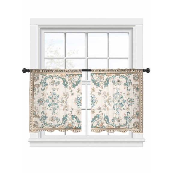 Bohemia Pattern Sheer Curtains 2 Panels Set Blue Retro Boho Ethnic Farmhouse Floral Sheer Window Curtains Light Filtering Rod Pocket Voile Drapes for Bedroom Living Room 52"x54"