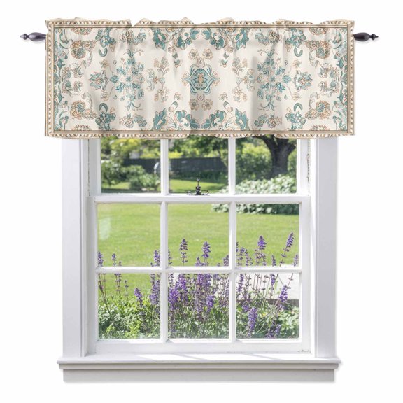 Bohemia Pattern Valances for Windows Blue Retro Boho Ethnic Farmhouse Floral Rod Pocket Cafe Window Treatments Valance Curtains for Kitchen Bathroom Laundry Basement Windows 60"x18"
