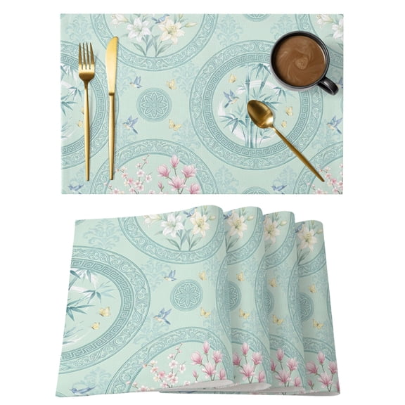 Bohemia Placemats Set of 2 Watercolor Floral Botanical Boho Mint Green Place Mats Indoor Wipeable Table Mats Washable Cloth Dining Table Placemats for Kitchen Holiday Party Home Decor 13x19 Inch