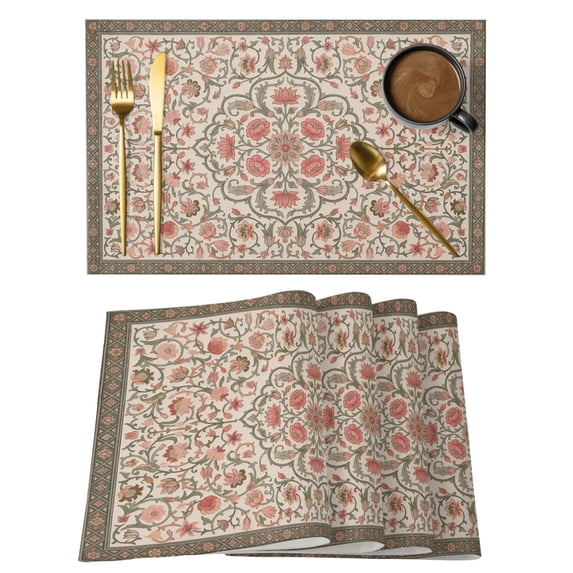 Bohemia Placemats Set of 4 Retro Farmhouse Ethnic Flowers Pattern Boho Place Mats Indoor Wipeable Table Mats Washable Cloth Dining Table Placemats for Kitchen Holiday Party Home Decor 13x19 Inch