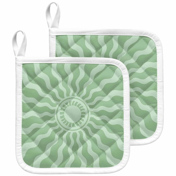 Bohemia Pot Holders for Kitchen Heatproof Potholder, 2 Pack Retro Abstract Simple Sun Sunshine Aesthetic Green Hot Pads Multipurpose Oven Pads Terry Cloth Potholders Trivet for Cooking and Baking
