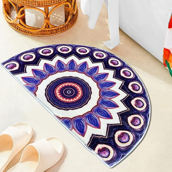 Bohemia Purple Petals Mystic Mandala Bathroom Rugs Half Circle Bath Mat for Bedroom Small Carpet Non-Slip Bath Rug Semi Round Rug Washable Indoor Floor Door Mat Home Decor 16X24inch.