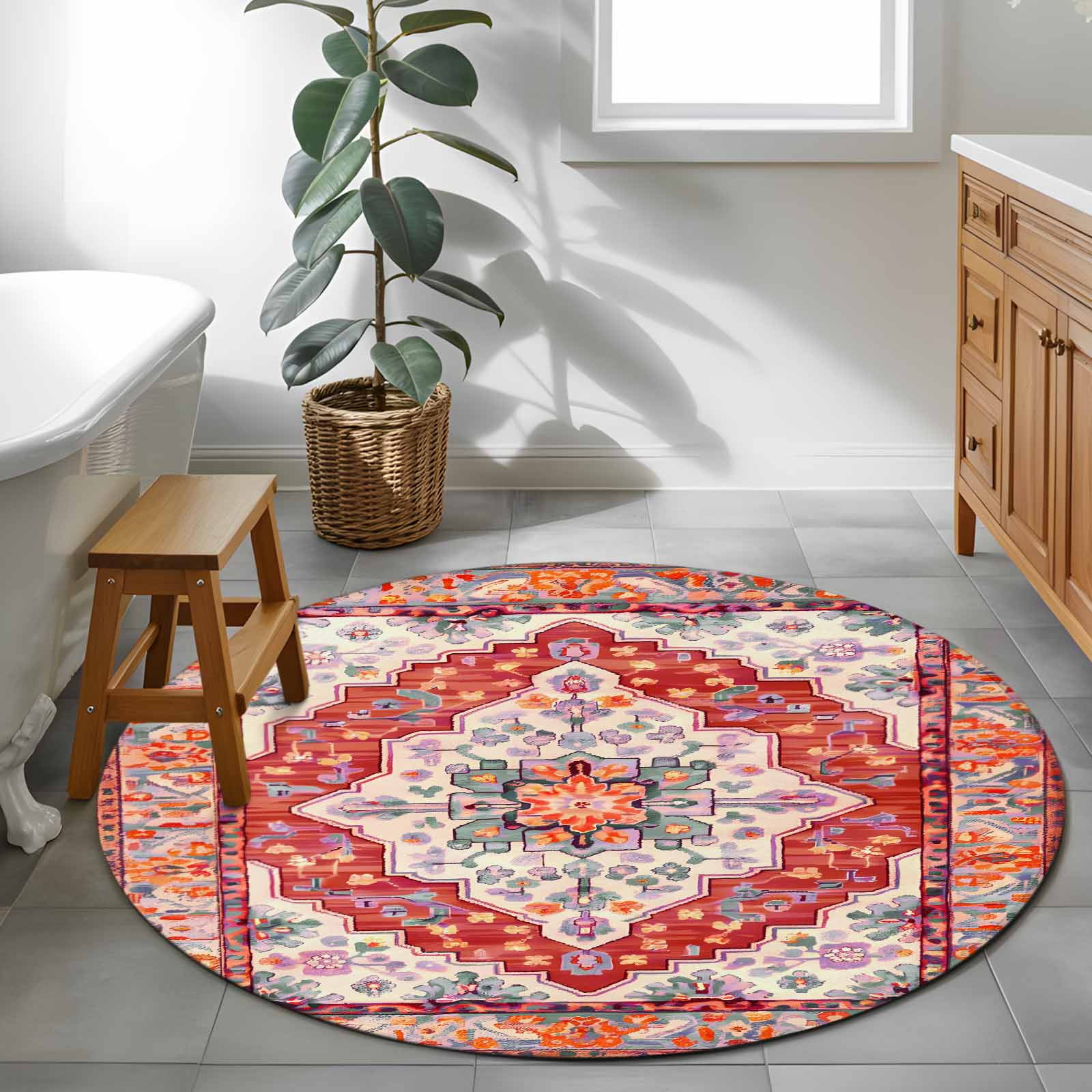 Bohemia Red Turkish Pattern 4ft Round Rug for Cozy Reading Nook Home ...