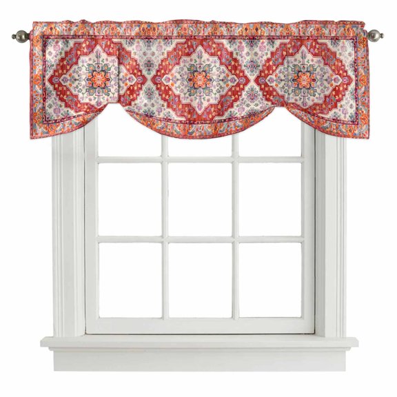 Bohemia Red Turkish Pattern Tie Up Valance Curtains Retro Ethnic Style Adjustable Light Filtering Tie Up Valance Small Window Shade for Kitchen Bedroom Cafe 42" W x 12" L