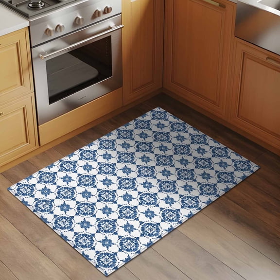 Bohemia Retro Style 2x3 Rug for Entryway Front Door Kitchen Sink Area, Blue Southwest Ethnic Group Low Pile Washable Non Slip Rectangle Area Rug