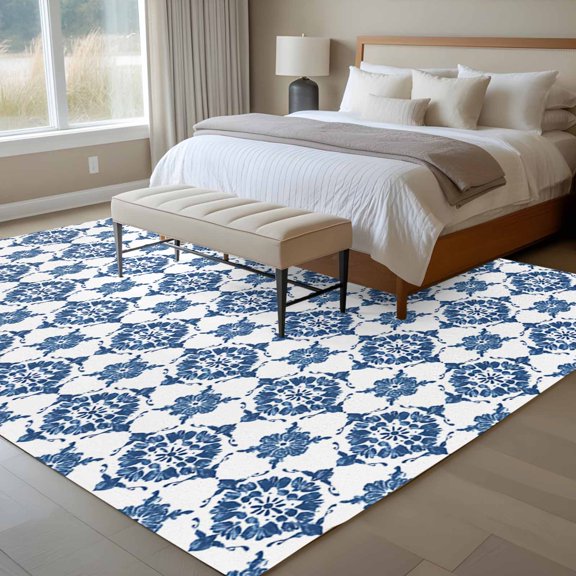 Bohemia Retro Style 6x9 Rug for Dining Room Table and Chair Setup, Blue Southwest Ethnic Group Low Pile Washable Non Slip Rectangle Area Rug