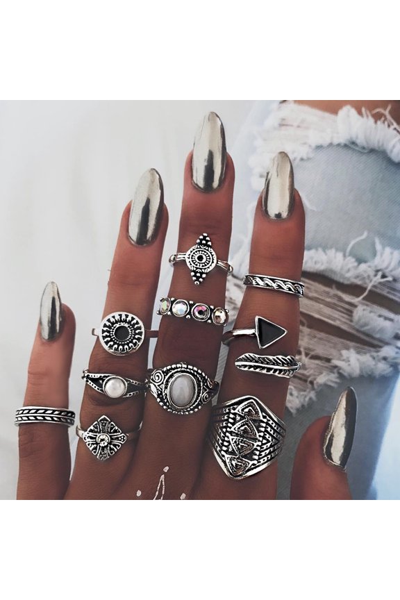 New Bohemia Rose Flower Finger Rings Set For Women Crystal Geometric Knuckle Chain Ring Female Fashion Jewelry