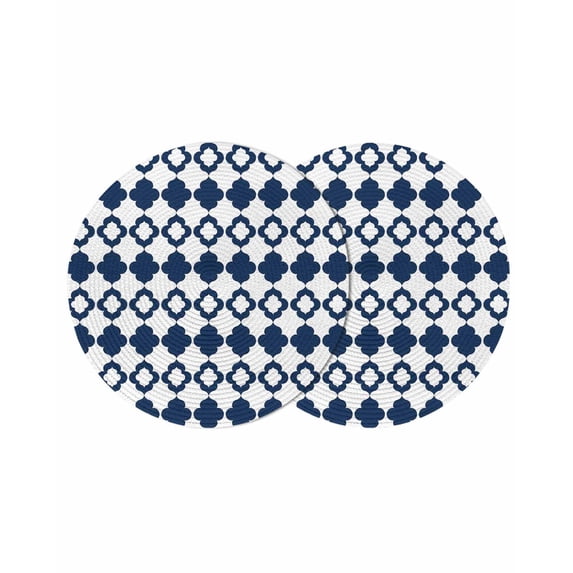 Bohemia Round 13 Inch Placemats Set of 2, Minimalist Geometric Pattern Abstract Dark Blue HeatResistant Non Slip Place Mats for Dining Table, Wipeable Braided Kitchen Table Mats for Housewarming