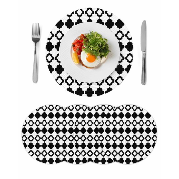 Bohemia Round 15 Inch Placemats Set of 4, Retro Abstract Geometric Pattern Boho Black HeatResistant Non Slip Place Mats for Dining Table, Wipeable Braided Kitchen Table Mats for Housewarming