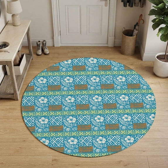 Bohemia Round Area Rug 5Ft Washable Circle Rugs for Living Room Bedroom, Tropical Plants Floral Plaid Vintage Rustic Blue Non-Slip Carpet Floor Mats Indoor Outdoor Carpet Runner Aesthetic Home Decor