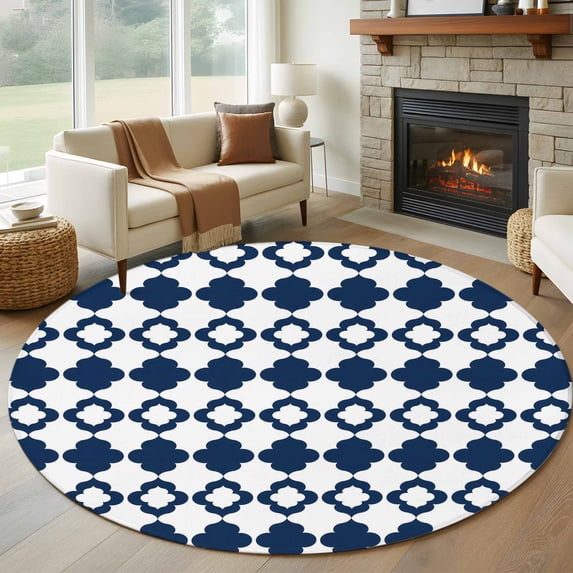 Bohemia Round Area Rug 8Ft Washable Large Circle Rugs for Living Room Dorm, Minimalist Geometric Pattern Abstract Dark Blue Non-Slip Carpet Floor Mats Indoor Outdoor Carpet Runner Home Decor
