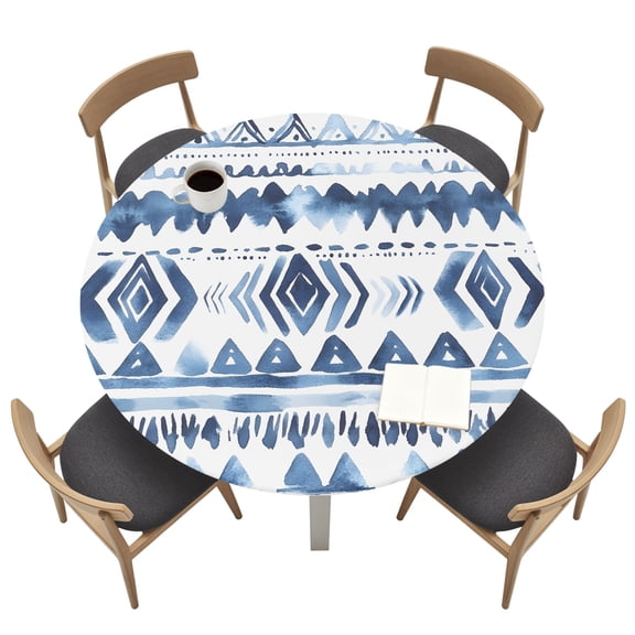 Bohemia Round Fitted Tablecloth Blue Abstract Retro Striped Pattern Ethnic Style Elastic Table Cloth Waterproof Oil Proof Table Cover Fits 45"-54" Round Tables for Party Picnic Dinner Decor