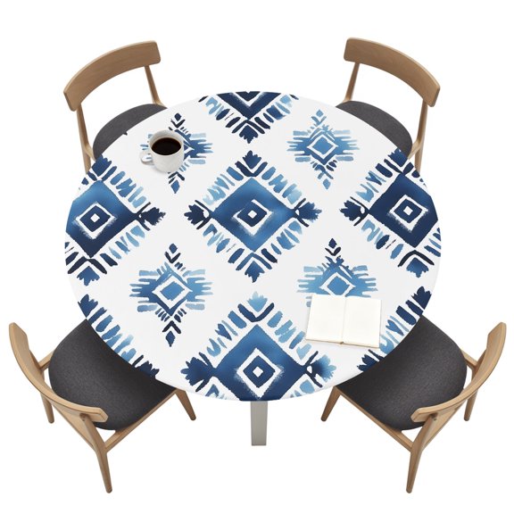 Bohemia Round Fitted Tablecloth Blue Argyle Pattern Ethnic Style Retro Abstract Elastic Table Cloth Waterproof Oil Proof Table Cover Fits 45"-54" Round Tables for Party Picnic Dinner Decor