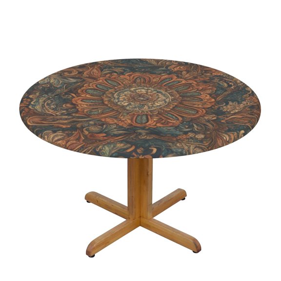 Bohemia Round Fitted Tablecloths Table Covers Wipeable Waterproof Elastic for Kitchen Dinning Parties Wedding Picnic Small Fits 40-44 Inch Table Size