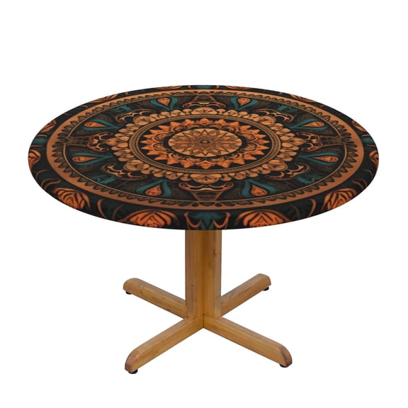 Bohemia Round Fitted Tablecloths Table Covers Wipeable Waterproof Elastic for Kitchen Dinning Parties Wedding Picnic Small Fits 40-44 Inch Table Size