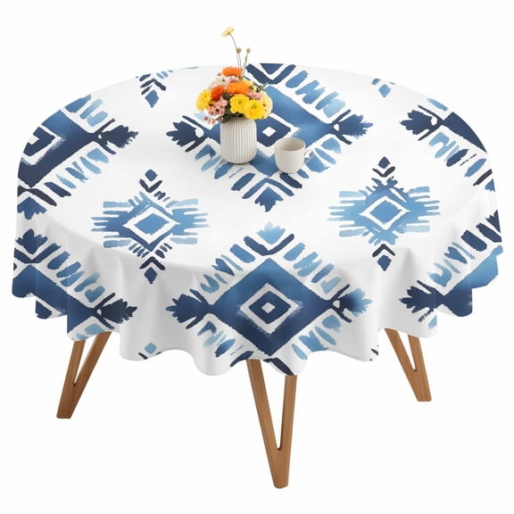 Bohemia Round Tablecloth 54 inches Blue Argyle Pattern Ethnic Style Retro Abstract Waterproof Oil-Proof Table Cloth Round Table Cover for Holiday Party Picnic Dinner Decor Indoor and Outdoor Use