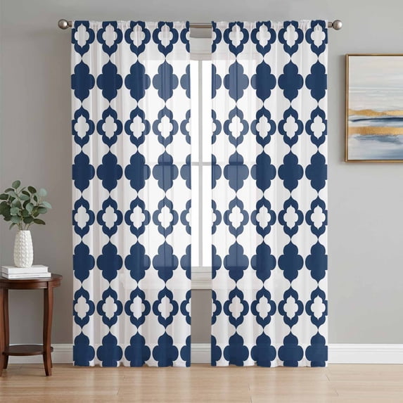 Bohemia Sheer Curtains 84 Inch Length 2 Panels Set Window Treatments, Minimalist Geometric Pattern Abstract Dark Blue Rod Pocket Semi Curtains for Living Room/Bedroom/Kitchen Décor, 104"W x 84"L