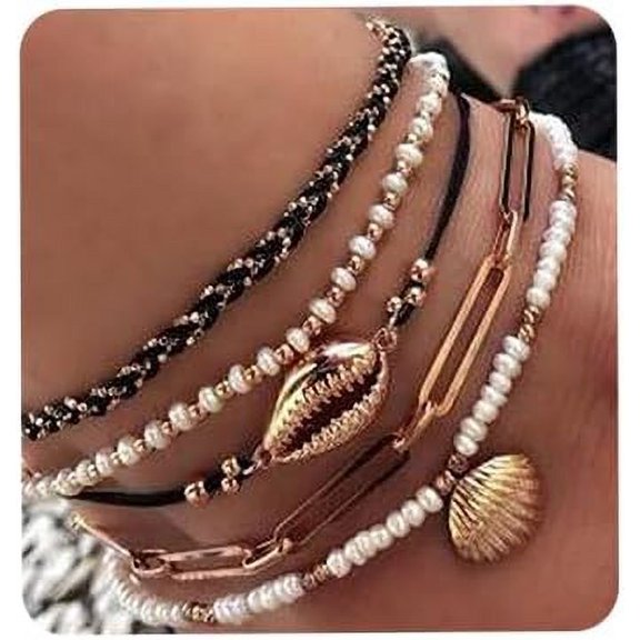 Bohemia Shell Charm Pendant Anklet Set 5Pcs Black Leather Chain Braided String Pearl Beaded Ankle Bracelet Boho Beach Jewelry for Women