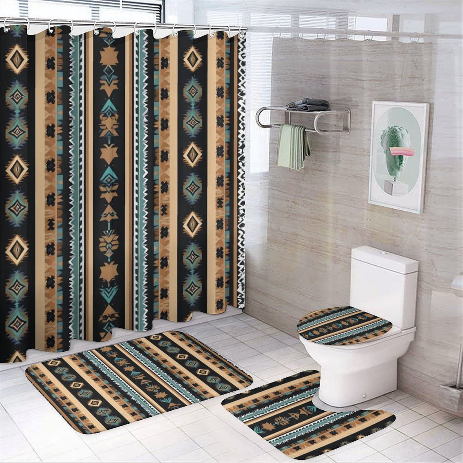 Bohemia Shower Curtain Set Waterproof Bathroom Toilet Seat Cover Bath ...