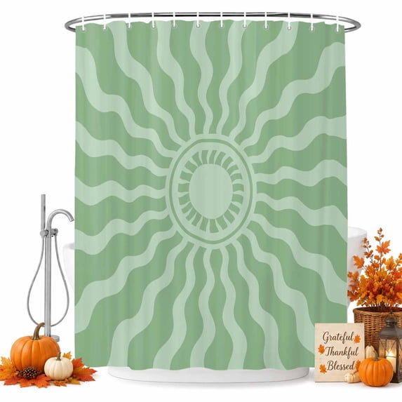 Bohemia Shower Curtain, Waterproof Shower Curtains for Bathroom, Retro Abstract Simple Sun Sunshine Aesthetic Green Washable Fabric Bathtub Curtain Set Bath Decor with 12 Hooks Standard 72"x72"