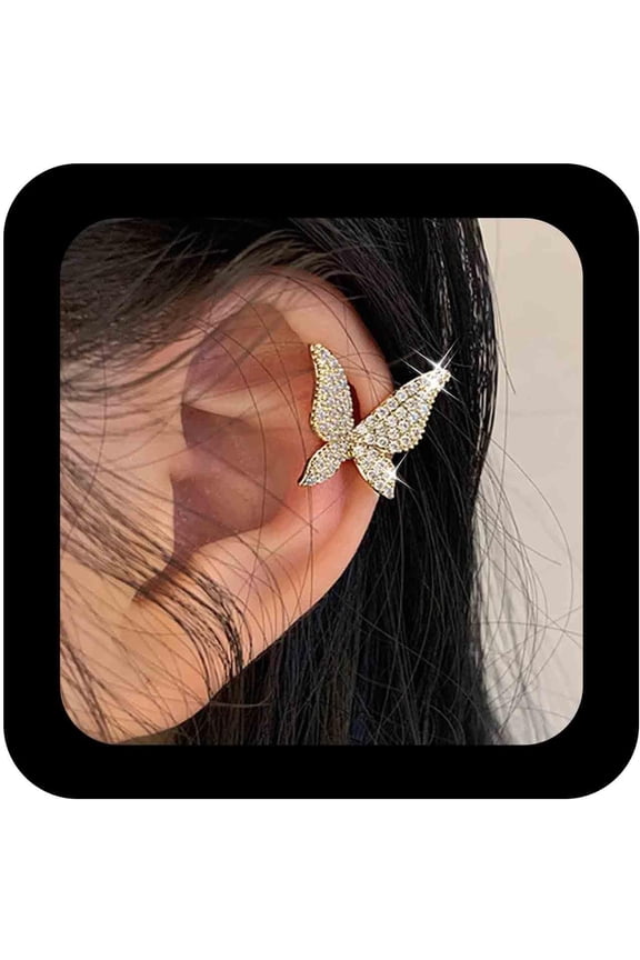 Bohemia Sparkly Rhinestone Butterfly Ear Cuff Earring Crystal Cz Butterfly Cartilage Cuff Earring Gold Crystal Cuff Wrap Earring Butterfly Non Piercing Earring Jewelry for Women(Left Ear)