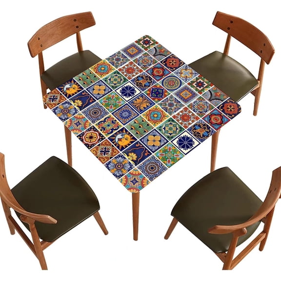 Bohemia Square Fitted Tablecloth, Washable Polyester Table Covers, Fits 36x36 inch Table, Lisbon Mediterranean Floral Elastic Edge Decor Table Cloth, for Holiday Party Banquet Dinner