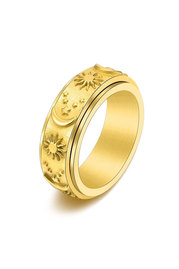 Bohemia Star Moon Rotating Anxiety Fidget Ring for Men 14K Yellow Gold Chain 8mm Spinner Anti Stress Rings Knuckle Jewelry Gifts