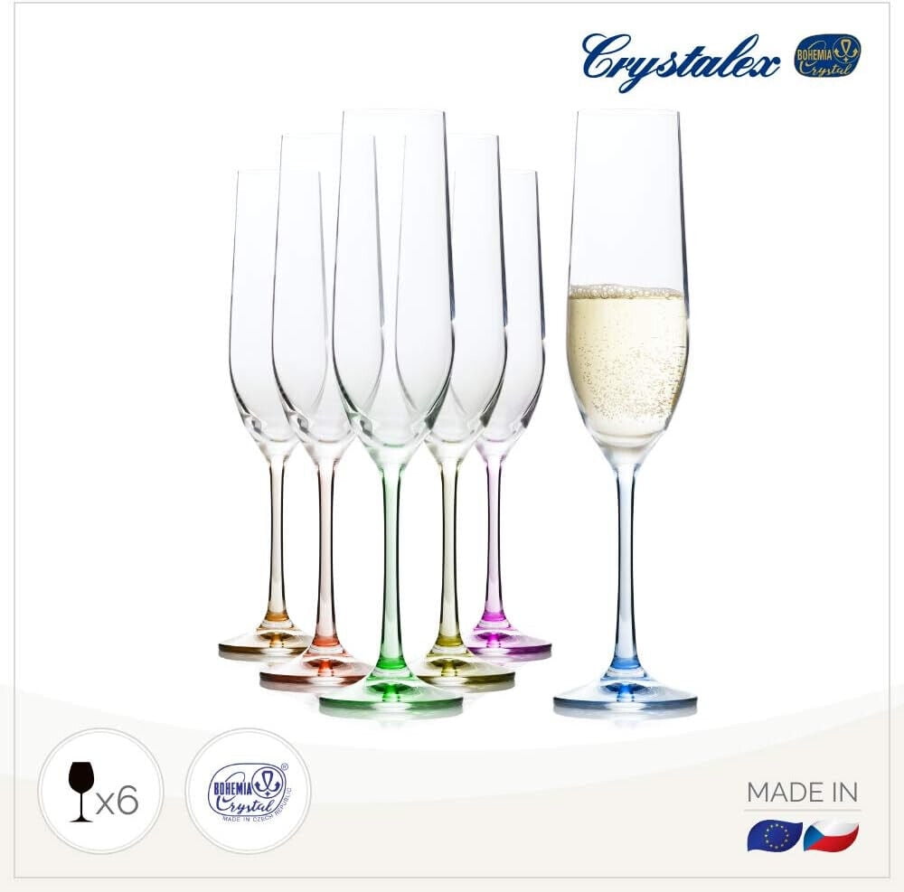 Bohemia Stemmed Crystal Champagne Flutes Set of 6 - Lead Free Rainbow Drinkware