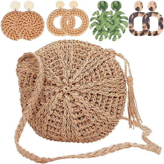 Bohemia Style Jewelry Sets Including Acrylic Earring Papyrus Cotton Knitted Crossbody Bags Rattan Geometry Dangle Earrings Mixed Color 61x36mm