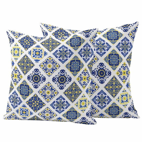 Bohemia Style Outdoor Waterproof Pillow Covers, Abstract Middle Century Aztec Pattern Blue Decorative Square Throw Pillowcase Sofa Cushion Sham for Patio/Couch/Chair, 24"x24" 2 Pack
