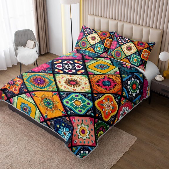 Bohemia Style Quilts Queen Size for Adults,Different Colorful Boho Pattern Lightweight Quilt,Soft Plaid Patchwork Boho Floral Bedding for Bedroom Decor with 2 Pillowcases.