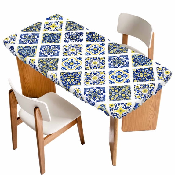 Bohemia Style Table Cloths for 3 Foot Rectangle Tables, Abstract Middle Century Aztec Pattern Blue Patio Waterproof Elastic Fitted Tablecloths, Washable Rectangular Table Cover for Camping