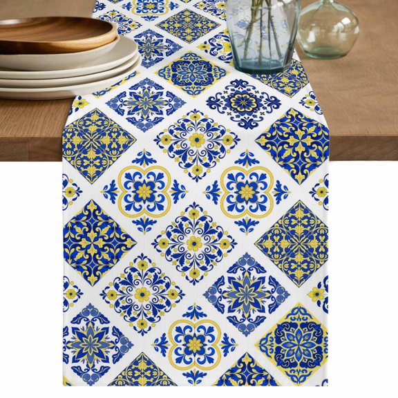 Bohemia Style Table Runner 48 Inches, Abstract Middle Century Aztec Pattern Blue Bed Runner Dresser Scarves Tabletop for Indoor Outdoor Parties/Ceremony/Banquet, 13" x 48"