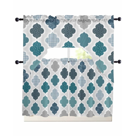 Bohemia Swag Kitchen Curtains Sets for Windows 24 Inch Length, Vintage Moroccan Geometric Pattern Blue Green Gray Short Window Curtain Panels Swags Valances and Tiers 3 Piece Set for Cafe/Dining Room
