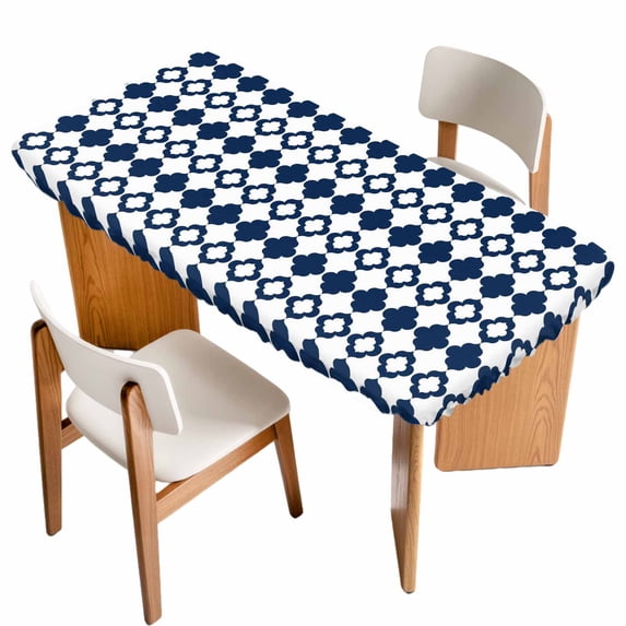 Bohemia Table Cloths for 4 Foot Rectangle Tables, Minimalist Geometric Pattern Abstract Dark Blue Patio Waterproof Elastic Fitted Tablecloths, Washable Rectangular Table Cover for Camping