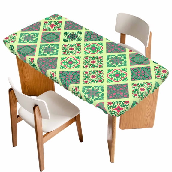 Bohemia Table Cloths for 5 Foot Rectangle Tables, Vintage Country Farmhouse Boho Style Light Green Patio Waterproof Elastic Fitted Tablecloths, Washable Rectangular Table Cover for Camping