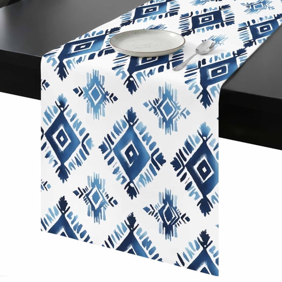 Bohemia Table Runner 13x60 Inch Blue Argyle Pattern Ethnic Style Retro Abstract Table Runner Non-Slip Dresser Scarves for Holiday Decorations, Party, Dinner and Gatherings, 1 Pack