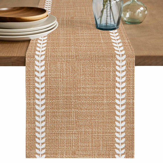 Bohemia Table Runner 72 Inches Long,Modern Minimalist Leaves Vertical Lines Linen Tan Kitchen Dining Burlap Linen Tablerunner for Small/Round/Square/Wedding/Coffee/Dining Table Party Décor 14 x 72
