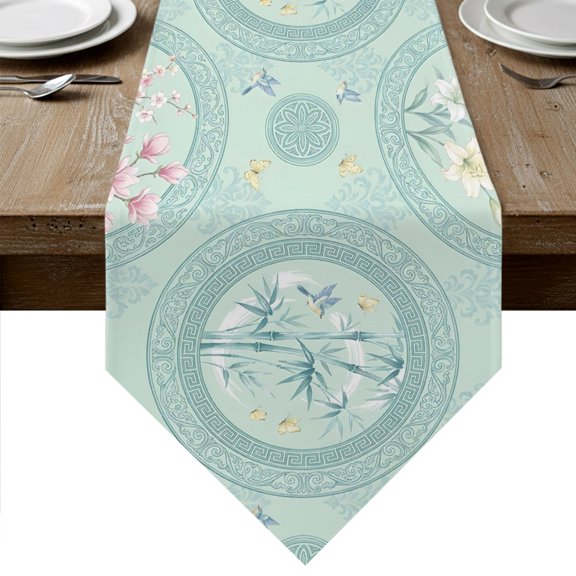 Bohemia Table Runner Linen Burlap Table Runner 36 Inches Small Watercolor Floral Botanical Boho Mint Green Dresser Scarves for Kitchen Island Coffee Dining Room Party Wedding Holiday Decor 13"x36"