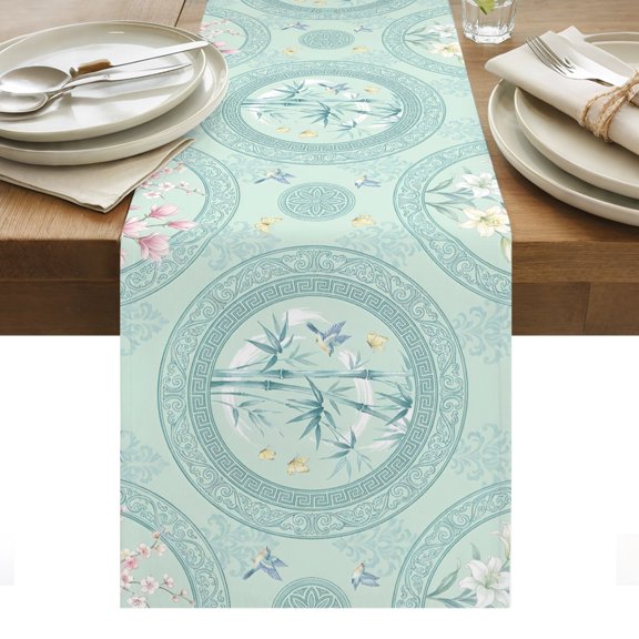 Bohemia Table Runner Watercolor Floral Botanical Boho Mint Green Tablerunners 13 x 36 Inch, Table Decorations Tabletop Scarf for Summer Gathering Holiday Farmhouse Kitchen Dining Decor