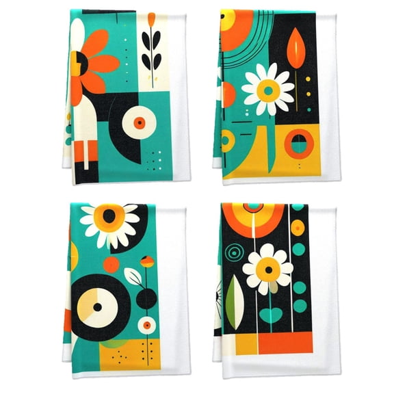 Bohemia Tea Towel, Retro Boho Nature Vector Design Versatile Towel Set 16x24 4PCS, Scandinavian Plants Bold Lines Bathroom Towel Deco for House Washroom Indoor Gym (Microfiber)