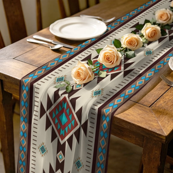 Bohemia Theme 10 ft Cheesecloth Table Runner for Wedding 27"x120", Brown Ethnic Textile Texture Kitchen Dinner Sheer Tulle Chiffon Dresser Scarf, Holiday Party Decorations
