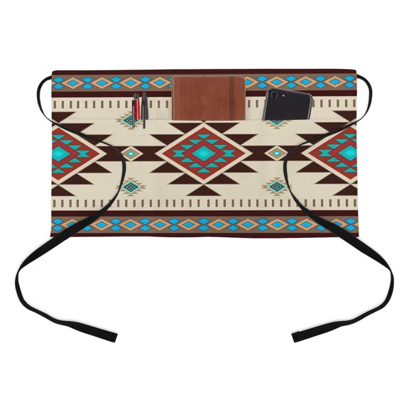 Bohemia Theme Half Waist Apron Brown Ethnic Textile Texture Short Waiter Aprons with 3 Pockets for Women Men Kitchen Restaurant Cooking