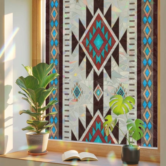 Bohemia Theme Window Privacy Film, Brown Ethnic Textile Texture Stained Glass Rainbow Film Decorative Window Clings, Static Cling Sun Blocking Stickers 23.6" x 59"