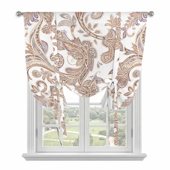 Bohemia Tie Up Curtains, Pesley Vintage Brown Flower Leaf Texture Ethnic Art Adjustable Rod Pocket Balloon Curtains Light Blocking Window Treatment for Kitchen Living Room, 34×45 In