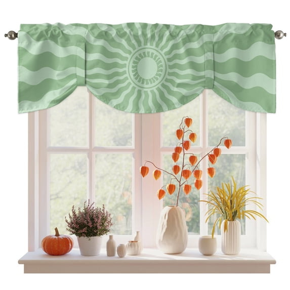 Bohemia Tie Up Valance Curtains for Windows, Kitchen Curtains Window Treatments, Retro Abstract Simple Sun Sunshine Aesthetic Green Short Window Shades Valances for Bedroom Bathroom Cafe 42"x18"